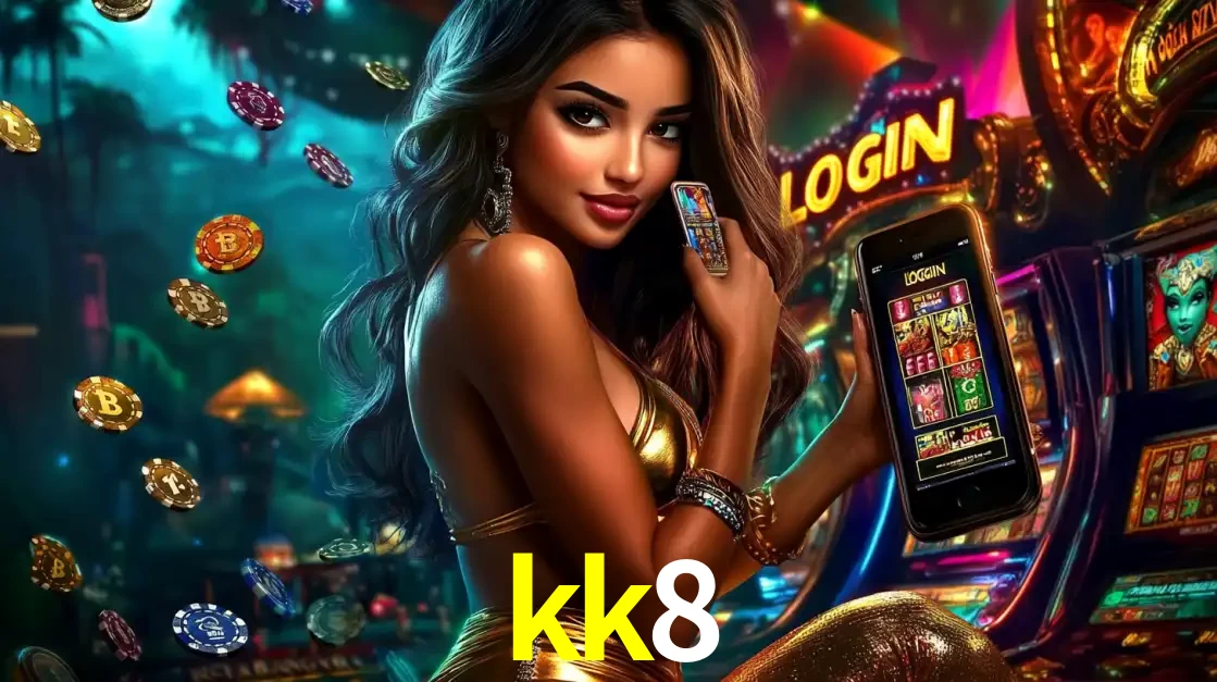 Mulher em um cenário de cassino temático de aventura, mostrando o app de caça-níqueis da kk8 no celular. Fichas de apostas flutuam ao redor.