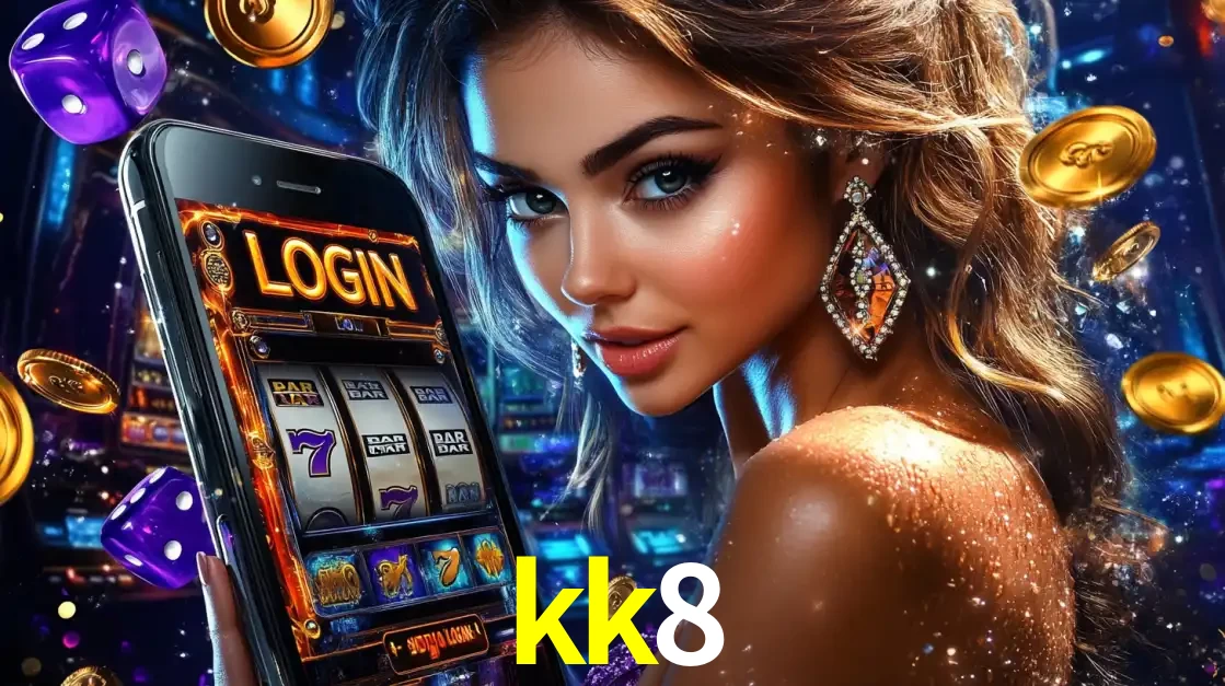 Mulher glamorosa segurando um smartphone com a tela de login para os jogos de caça-níqueis do cassino online kk8, com moedas de ouro e dados ao redor.