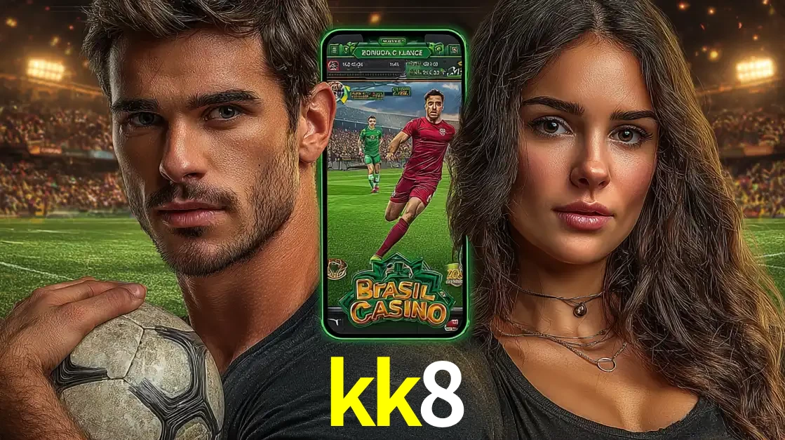 Homem segurando uma bola de futebol e uma mulher ao lado de um smartphone exibindo o jogo de apostas esportivas da kk8. Faça seu palpite no cassino online.